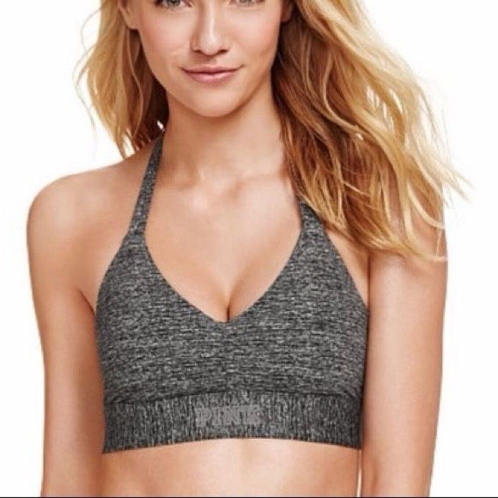 PINK VICTORIA’S SECRET Women’s Heathered Gray Ultimate Halter Unlined Sports Bra